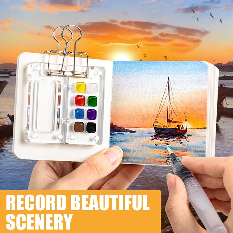 F'DIARY Mini Travel Watercolor Set Pocket Artist Watercolor Travel Set Grid Palette Box Sketch Book Brush Pens With Binder Clips For Painters Artists Students (bamboo, 15 Grids) - Image 5